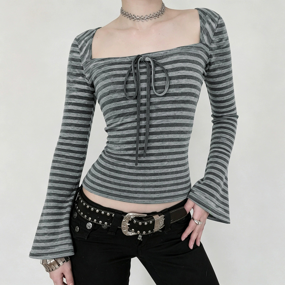 Zara Street Style Striped Square Neck Tie Front Flared Sleeve Fitted Top
